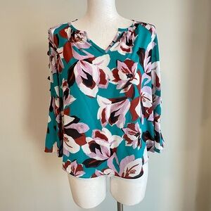 Jennifer Lopez Women's Turquoise Blue Floral Bell Sleeve Peasant Blouse